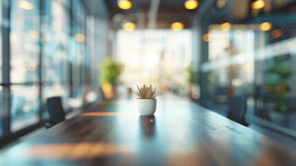 Fototapeta premium Blurred empty office space with modern furnishings and light bokeh, perfect for design concepts and backgrounds