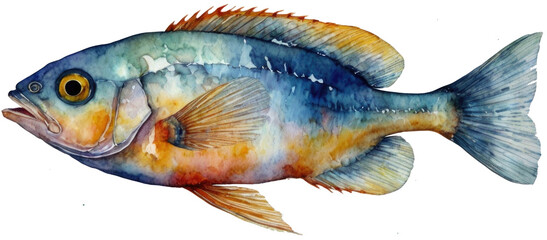 Watercolor illustration of brightly colored tropical fish of the coral reef.