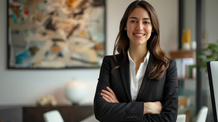 Business concept. Manager woman standing in office arms crossed wearing a suit. 