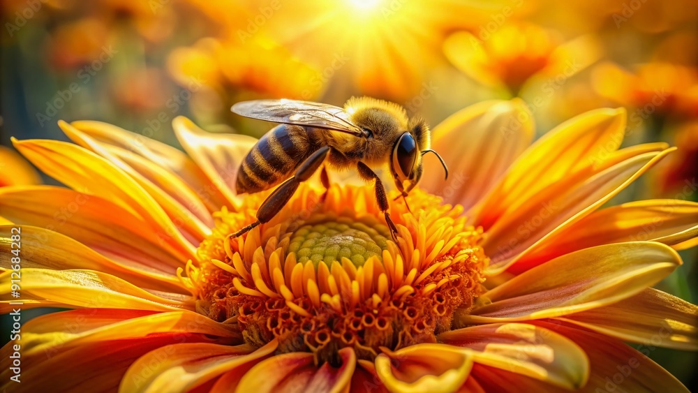 Wall mural vibrant yellow petals surround a busy honeybee as it collects nectar from the center of a bright ora