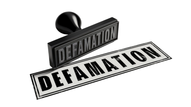 black color with line striped label banner with word defamation.