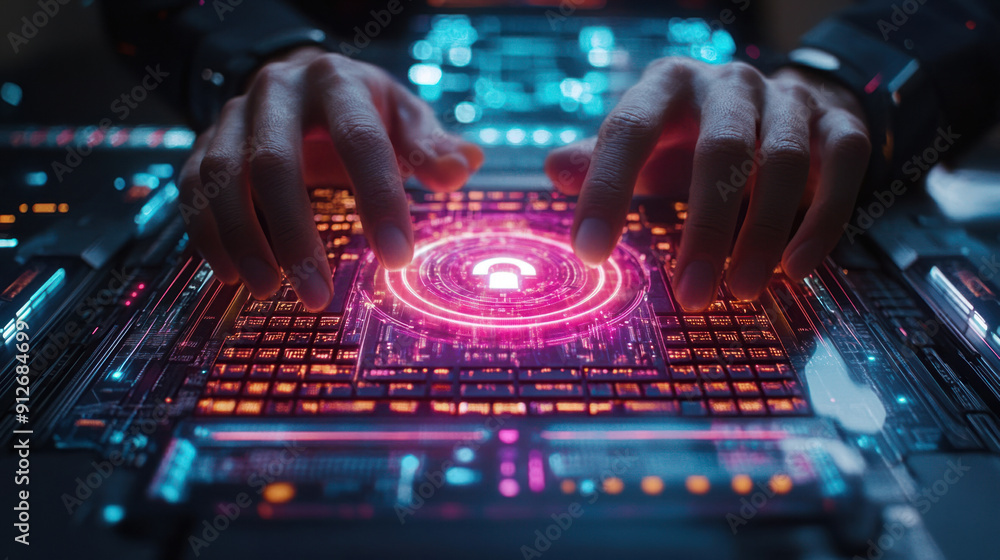 Poster endpoint security training, close-up of hands skillfully moving over a illuminated keyboard. above t
