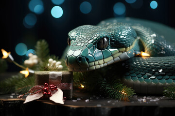 Fototapeta premium A green snake rests elegantly among holiday decorations and twinkling lights