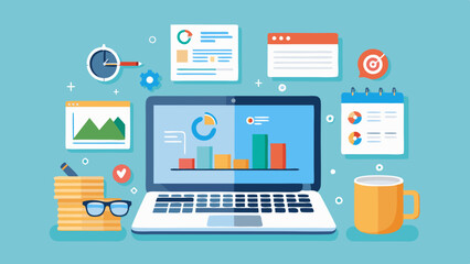 Fototapeta premium Laptop with SEO Analysis Tool Interface and SEO Strategy Diagram on Whiteboard. Perfect for: Marketing Workshops, Home Offices