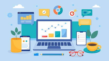 Fototapeta premium Laptop with SEO Analysis Tool Interface and SEO Strategy Diagram on Whiteboard. Perfect for: Marketing Workshops, Home Offices