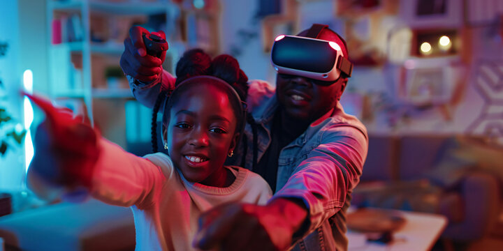 A young girl and her father are playing a virtual reality game together, they are both smiling and seem to be enjoying themselves.