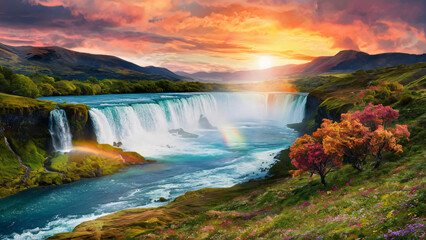 Fototapeta premium Majestic Waterfall Paradise at Sunset