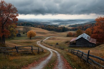 Fototapeta premium A country road winds past a rustic barn amidst rolling hills, colorful autumn trees, and a cloudy sky; a picturesque and tranquil rural scene full of fall charm.