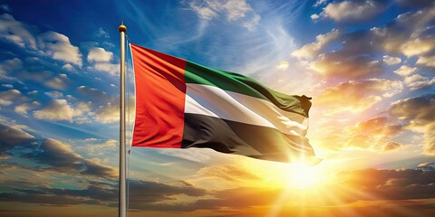 UAE national flag waving under the sunlight , UAE, United Arab Emirates, flag, fabric, waving, sky, sunlight, patriotic