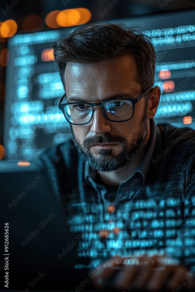 Poster ethical hacker, a skilled ethical hacker in a modern office engrossed in cybersecurity work, typing 
