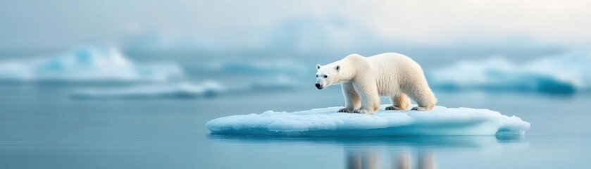 Fototapeta premium A majestic polar bear stands on a small ice floe amidst a serene, cold Arctic landscape.