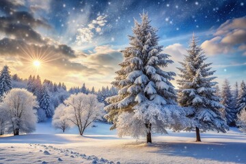 Softly falling snowflakes silently blanket a tranquil winter wonderland, where frosty trees stand tall amidst a peaceful, snow-covered landscape of serene beauty.