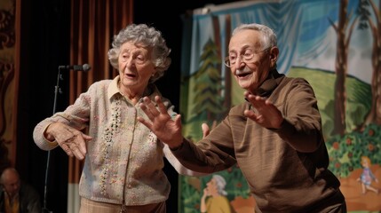 Obraz premium An elderly couple enjoys a lively dance performance at a local community theater event