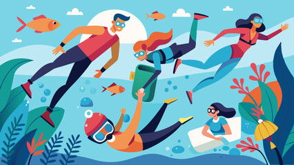 People Engaging in Diving Activities. Perfect for: Summer Holidays, Beach Resort, Adventure Sports