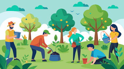 People Participating in Tree Planting Activities. Perfect for: Arbor Day, Earth Day, Environmental Awareness Week