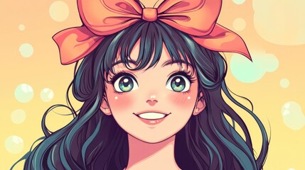 Cheerful anime girl with a big bow in her hair, smiling brightly, in vector style