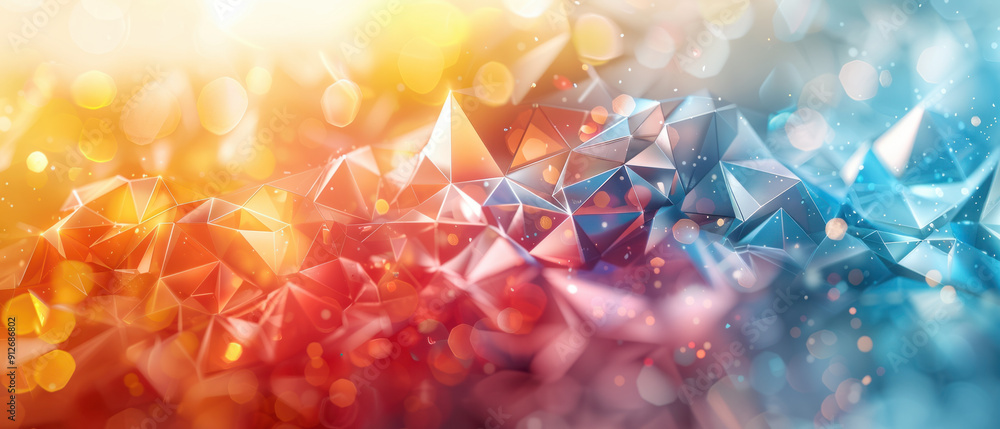 Poster social media background, dynamic polygonal forms radiate iridescent colors against a muted backdrop.