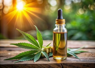 A small, high-quality glass bottle containing a golden-colored cannabis oil extract with a dropper lid, isolated on a blurred background with selective focus.