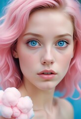 Naklejka premium Portrait of a girl with pink hair and blue eyes