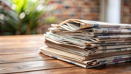 A stack of newspapers on a table , journalism, print media, current events, news, headlines, information