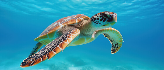 Obraz premium A majestic turtle gliding gracefully through crystal-clear ocean waters, showcasing vibrant colors and serene aquatic beauty.