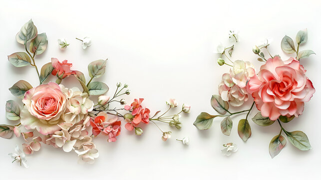 A bouquet of pink flowers with green leaves, on a white background. Watercolor hand painted seamless border. 