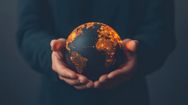 Hands holding a glowing digital globe, strategy innovation, global reach