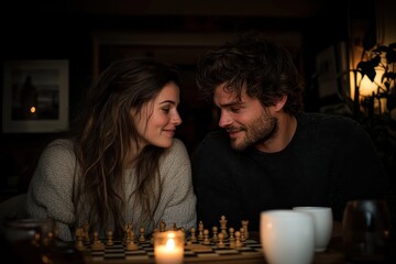 A couple shares a warm, intimate moment over a chess game by candlelight, creating a cozy, romantic atmosphere in an indoor setting, emphasizing connection.