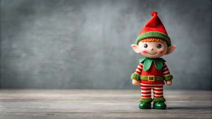 Adorable Christmas elf figurine standing in front of a grey background, Christmas, elf, figurine, cute, festive, holiday, decoration