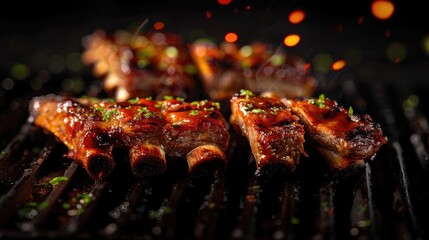 Deliciously grilled meat ribs glistening with barbecue glaze, garnished with herbs, creating a mouthwatering visual delight.