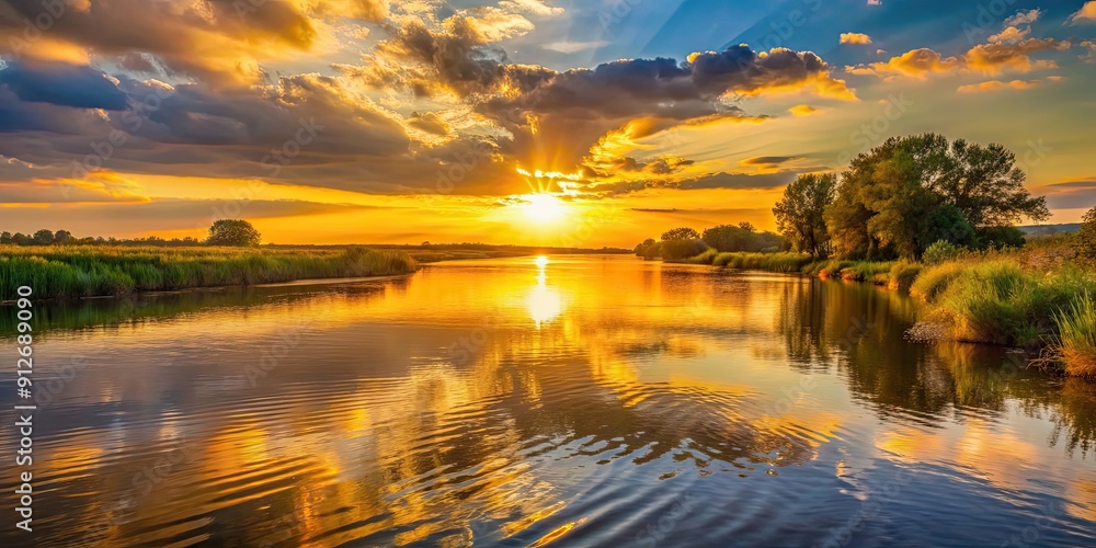 Poster Sunset casting a golden glow on a calm river , scenic, nature, tranquil, water, reflections, dusk, peaceful, horizon