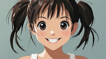 Happy anime girl with pigtails and a big grin, in vector style