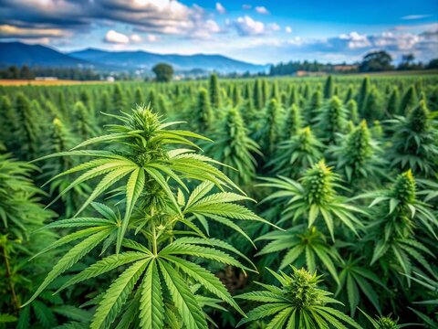 Vibrant green hemp plants with dense foliage thrive in a well-maintained farm field, showcasing advanced growing techniques and agricultural practices in legal cannabis cultivation.