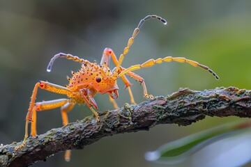 Macro photography of an orange lantern bug standing on a branch with water drops on it