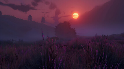Misty morning in lavender fields with rising sun 