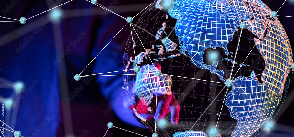 Aufkleber Global network. Blockchain. 3D illustration. Neural networks and artificial intelligence. Abstract
