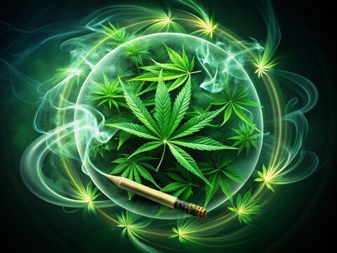 Vibrant green marijuana plants surround a lit joint, exhaling circular smoke rings that drift upward, capturing the essence of a serene and peaceful atmosphere.