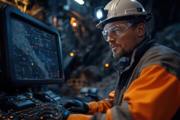 A mining engineer operates equipment from an underground control station, wearing safety gear and using advanced technology to monitor and manage mining activities efficiently.