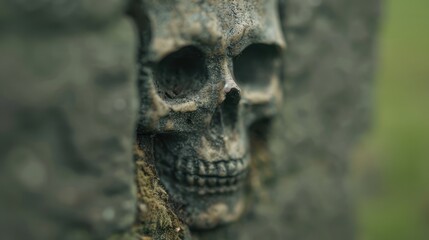 Fototapeta premium A spectral figure with a skeletal face, emerging from the darkness on the creepy forest path