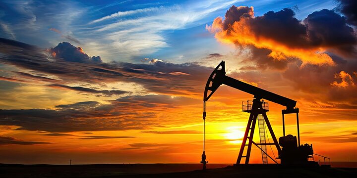 Silhouette of oil pump in the evening, oil pump, silhouette, evening, beam pumping unit, energy, industrial