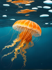 A large orange jellyfish is swimming in the ocean