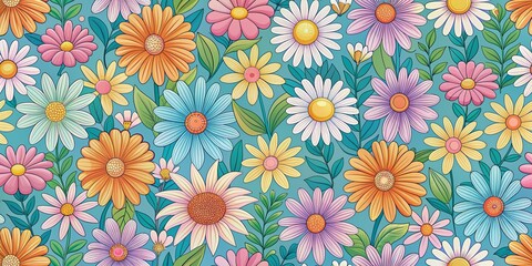 Vibrant colorful pastel floral seamless pattern featuring daisy flowers in a funky 70s inspired groovy design with a retro nature backdrop perfect for hippie chic themes.