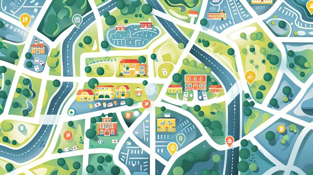 Vector infographic of a city map with roads, buildings, and navigation icons. Detailed and easy to read. Illustrator,vector