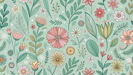 Whimsical doodle flowers in gentle hues bloom on a soft green pastel background, forming a seamless repeating pattern of playful, hand-drawn botanical illustrations.