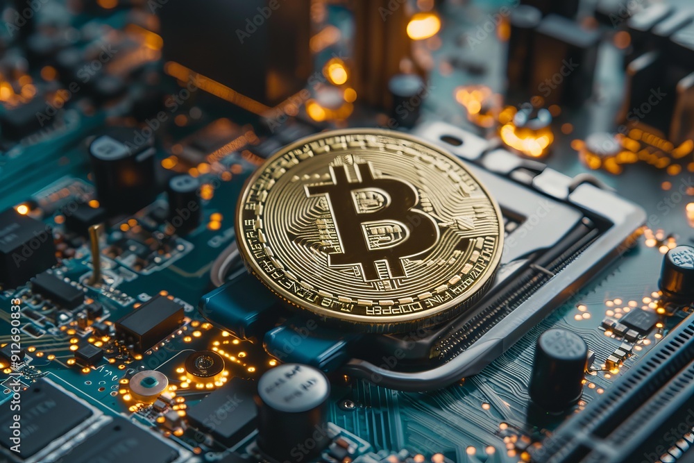 Poster bitcoin cryptocurrency laying on computer motherboard showing concept of mining virtual money on blo