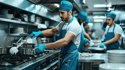 Professional kitchen staff in blue uniforms and gloves cleaning and cooking in a commercial kitchen, focusing on hygiene and food preparation.