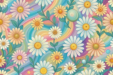 Whimsical vintage 70s inspired seamless floral pattern featuring daisy flowers in soft pastel hues against a colorful groovy nature backdrop, perfect for retro-inspired designs.