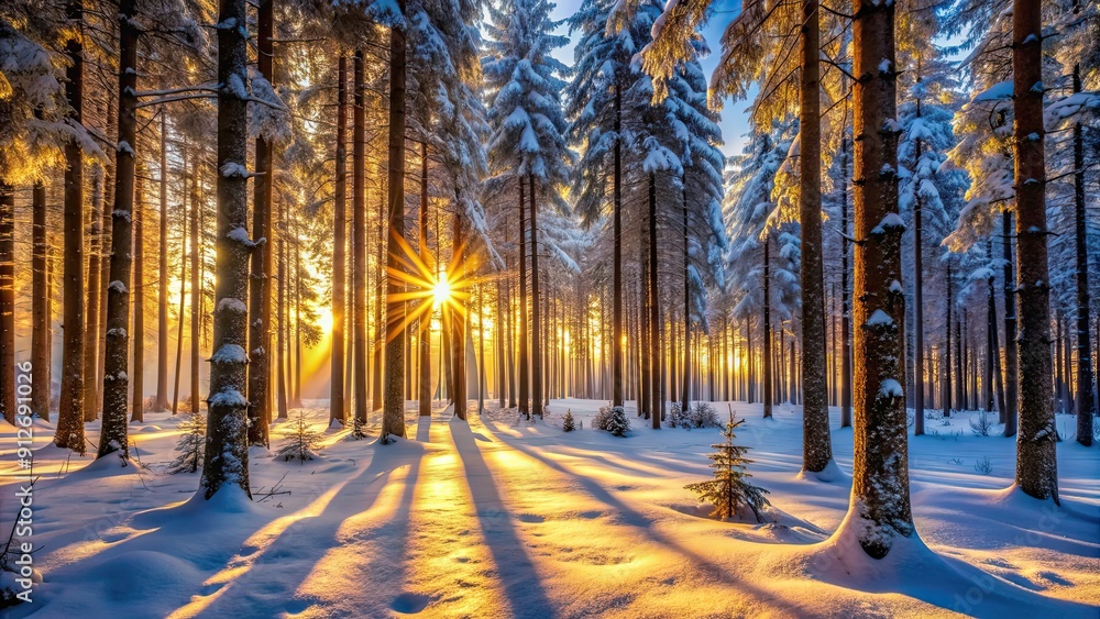 Wall mural Winter forest bathed in the soft glow of the low sun , winter, forest, snow, cold, sunlight, trees, nature, tranquil, calm