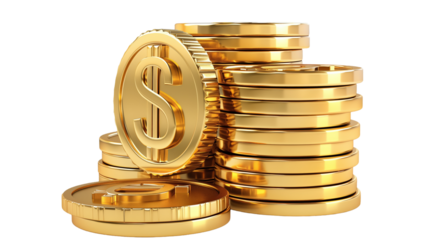 Shiny stacks of gold coins with a prominent dollar sign, representing wealth, investment, and financial success isolated on transparent background 
