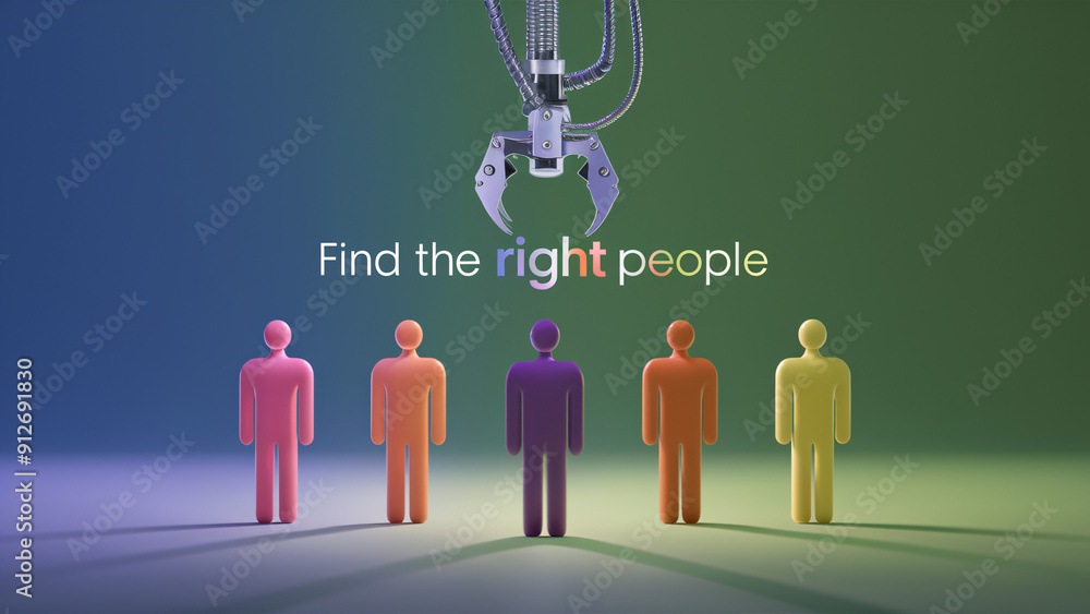 Poster find the right people with modern recruitment process featuring robotic claw selecting new team memb